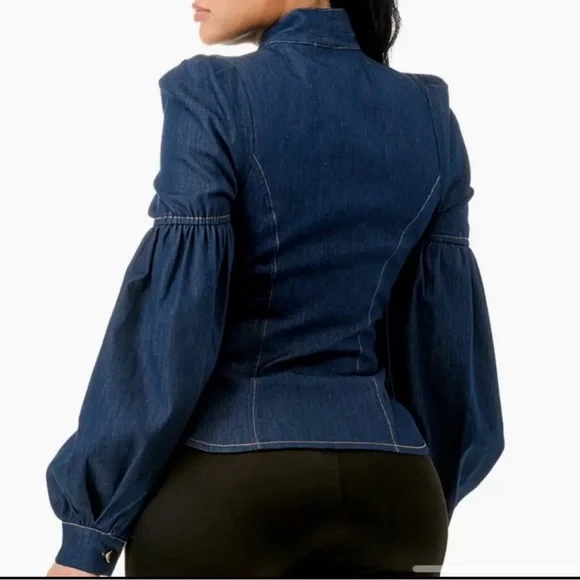 neck tie denim shirt with puff sleeves - Picture 3 of 4